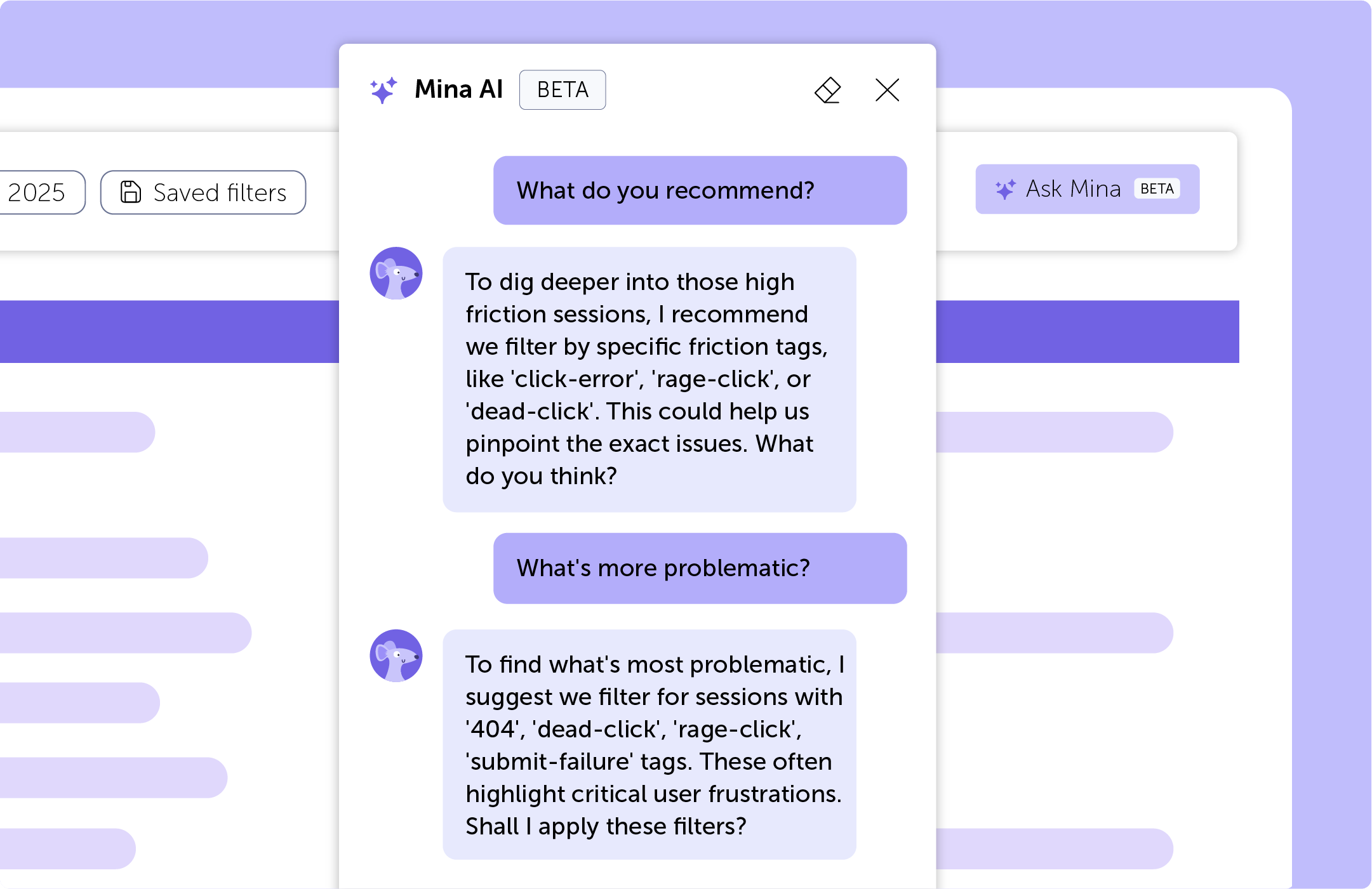 session-replay-friction-recommendations-Mina-AI-assistant